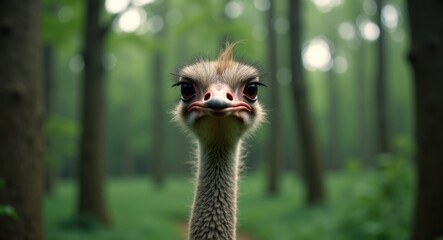 Close-up of an adult ostrich in a forested zoo setting. An ostrich farm nestled among the trees.