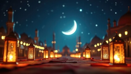 Wall Mural - Moonlit landscape with lanterns and stars, celebrating Ramadan Kareem.