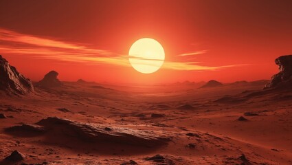 Wall Mural - Sunset on Mars, panoramic view of an alien terrain, depiction of another planet's surface, digital rendering