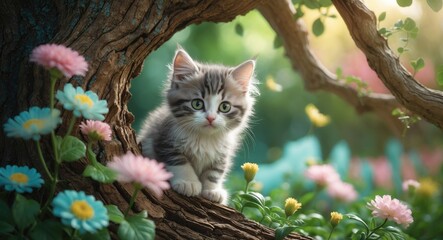 adorable striped kitten perched on a tree in a summer garden, curiously peeking out from the trunk