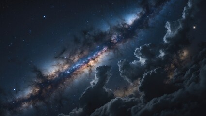 Wall Mural - Cosmic scene of the Milky Way with stars and cosmic dust, set against a deep night sky featuring a planet background and ample space for text.
