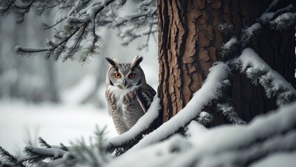 owl perched by the tree. concealed image of a long-eared owl with striking orange eyes peeking from 