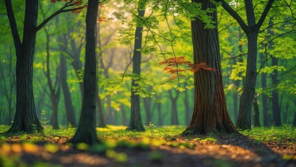 Wall Mural - trees in a spring forest with sunlight filtering through green foliage.