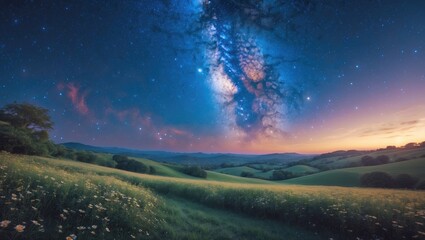 scenic view featuring the blue milky way. starry night sky above summer hills. stunning cosmos. incr