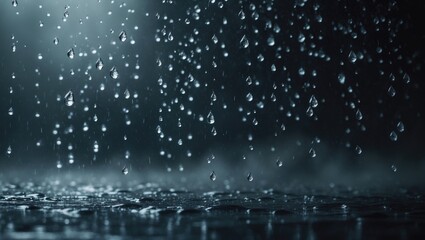 Wall Mural - Image title: Heavy rainfall captured against a dark backdrop. A depiction of realistic raindrops in varying shades of dark and light. Black surface adorned with raindrops, symbolizing the essence o...