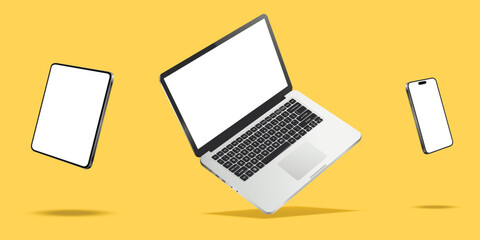 Canvas Print - laptop, smartphone and tablet while levitating in the air on a yellow background