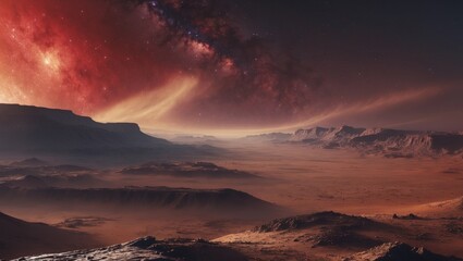mars surrounded by a crimson galaxy scene