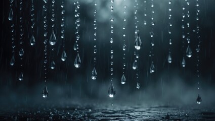 Wall Mural - Image depicting a downpour against a dark backdrop. Featuring lifelike raindrops in various light and shadow tones. A striking combination of black and raindrops. Represents the essence of rainfall...