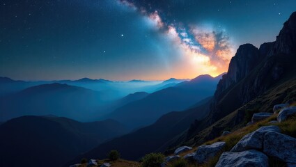Wall Mural - Stunning view of the Milky Way aligning with the mountains in the background, Captivating scene from Doi Pha Phueng Viewpoint, Baan Pang Puai, Mae Moh, Lampang Province, Thailand.