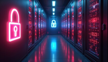 Fototapete - Server room corridor with glowing padlock icons on wall, data center. Concept of data security, storage, encryption. Futuristic design, architecture, glowing neon, protection, safety in cyberspace.