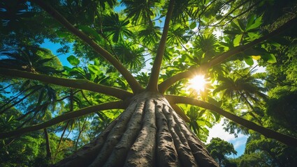 Wall Mural - perspective from the base of a towering tree's trunk towards its lush green foliage in a sunlit trop