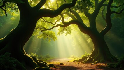 Wall Mural - woodland canopies. light filters through a lush forest backdrop.