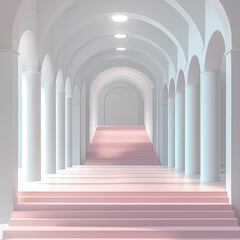 Poster - serene architectural space featuring white columns and pink stairs, creating calming atmosphere