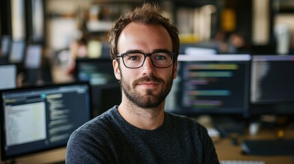 A young European male software engineer is portrayed in a modern workspace. He displays confidence and focus while seated at his desk, immersed in technology and coding.