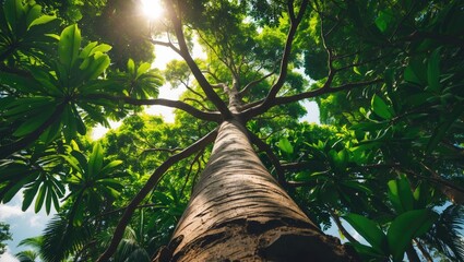 Wall Mural - looking up from the base of a towering tree to its lush green foliage in a sunlit tropical forest. t