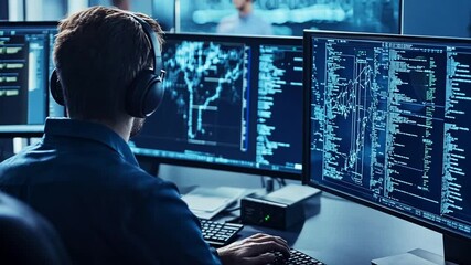 Focused programmer immersed in coding, analyzing data on multiple monitors intently