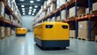 © CreativeBro - automated robots in storage facilities. yellow carts for efficient item handling. technology for warehouse robot operations. storage solutions with AI-guided robots. optimization of warehouse logis...