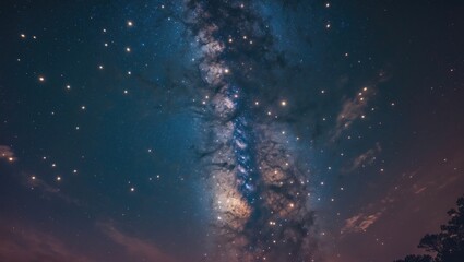The cosmos of the Milky Way galaxy featuring a starry night sky backdrop. A striking luminosity emanates from the stars, creating a sense of disturbance.