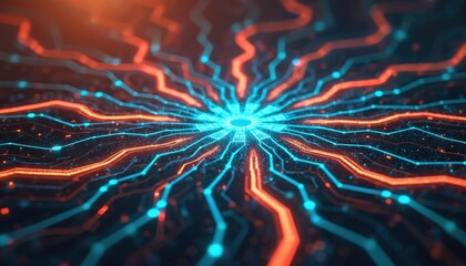 Poster - Futuristic illustration of technology network connections with complex digital nodes interconnected by lines forming high-tech web. Advanced technological connections, data exchange background,