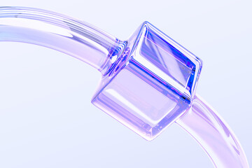 3d abstract glass lab technology background. liquid transparent tube with square connection and holo