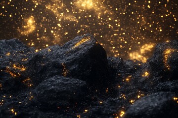 Wall Mural - 3d rendering of black rocks on the ground, with golden lights shining in space, creating an abstract