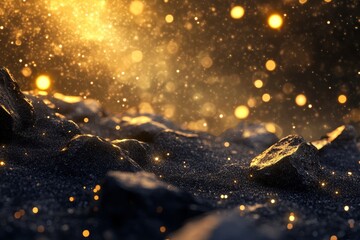 Wall Mural - 3d rendering of black rocks on the ground, with golden lights shining in space, creating an abstract