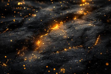 Wall Mural - 3d rendering of black rocks on the ground, with golden lights shining in space, creating an abstract