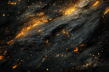 Wall Mural - 3d rendering of black rocks on the ground, with golden lights shining in space, creating an abstract