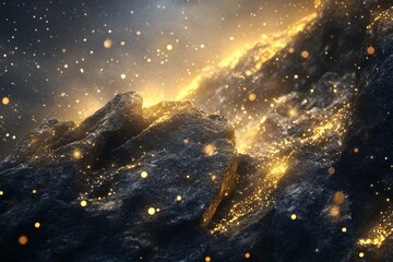 Wall Mural - 3d rendering of black rocks on the ground, with golden lights shining in space, creating an abstract