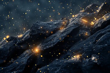 Wall Mural - 3d rendering of black rocks on the ground, with golden lights shining in space, creating an abstract
