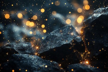 Wall Mural - 3d rendering of black rocks on the ground, with golden lights shining in space, creating an abstract
