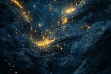 Wall Mural - 3d rendering of black rocks on the ground, with golden lights shining in space, creating an abstract
