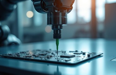 Aufkleber - Automated robot arm precisely injecting glue, resin on circuit board in hi-tech factory. Artificial intelligence, modern machine production of electronic components. Industrial robotic arm applies