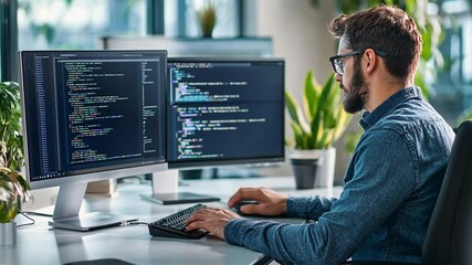 Focused developer coding on multiple displays in a modern office setting