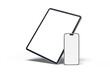 © Patcharee - Realistic modern tablet and smartphone digital device mockup front view with blank screen isolated on background. Technology empty display template for ui, ux, app and website presentation