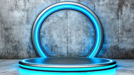 Wall Mural - A futuristic stage with a circular structure and blue neon lighting set against a textured concrete background.