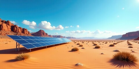 Harnessing Desert Sun A Solar Panel Array in an Arid Landscape Under a Vivid Blue Sky