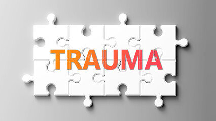 Poster - Trauma complex like a puzzle - pictured as word trauma on a puzzle pieces to show that trauma is complex and needs cooperating pieces that fit together. ,3d illustration