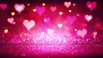 Poster - sparkling pink glitter background with glowing heart shaped bokeh, romantic dreamy valentine's day aesthetic backdrop