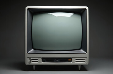 Tube TV set against dark background. Vintage retro television displays blank screen. Aged analog tech communication receiver. Old charisma entertainment. Vintage tv receiver object for retro