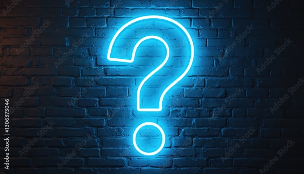 Neon question mark on dark brick wall. Glowing blue light in shape of ...