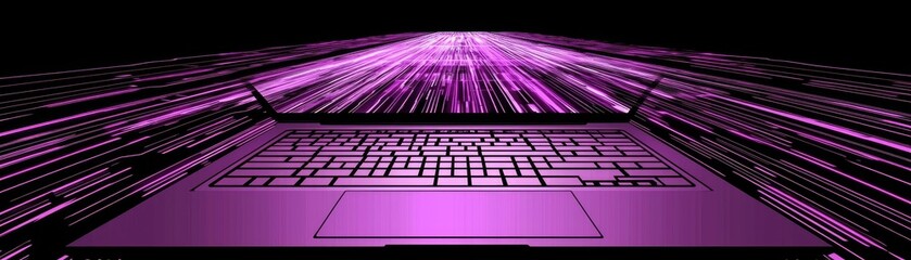 Purple laptop, data streams, fast internet, digital technology, website background