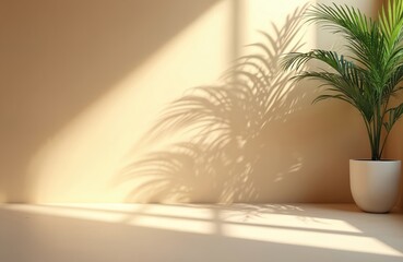 Poster - Minimal beige background with leaf shadows. Warm light in empty room interior. Mockup template, ideal for product presentation. Modern scene, architectural graphic design, natural sunlight, smooth