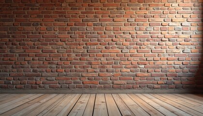 Leinwandbilder - Brick wall with light wooden floor shows rustic texture, weathered appearance, warm tones, vintage style. Red, brown colors of interior design, building material with empty space, vintage home decor.