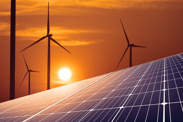 Wall Mural - wind turbine and solar panels at sunset with a renewable energy farm in the landscape