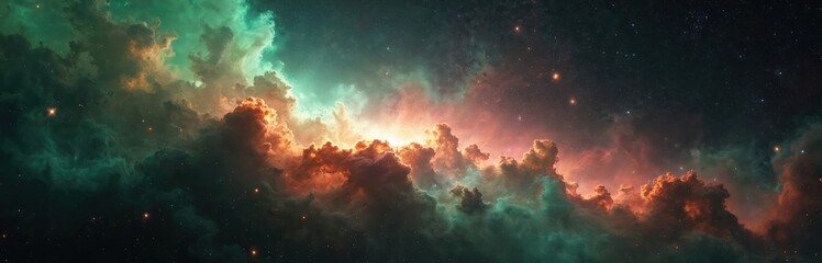 Aufkleber - Endless cosmos with nebula and galaxies in deep space. Orange clouds illuminated with light in night sky full of stars. Beauty of Universe. Science fiction art. Space background.
