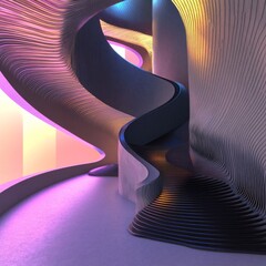 Aufkleber - Abstract Architecture: Winding Staircase with Layered Walls and Dynamic Lighting, Creating a Futuristic and Surreal Indoor Space