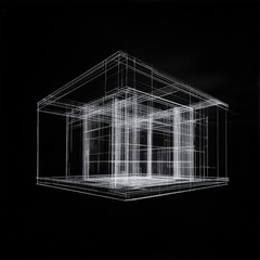 Poster - Abstract White Wireframe Structure Floating on Black Background - Geometric Lines and Transparency