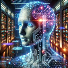 Fototapete - AI Humanoid in Server Room: Futuristic Technology and Artificial Intelligence Concept