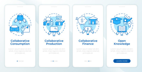 Wall Mural - Types of collaborative economy blue onboarding mobile app screen. Walkthrough 4 steps editable graphic instructions with linear concepts. UI, UX, GUI template. Montserrat SemiBold, Regular fonts used